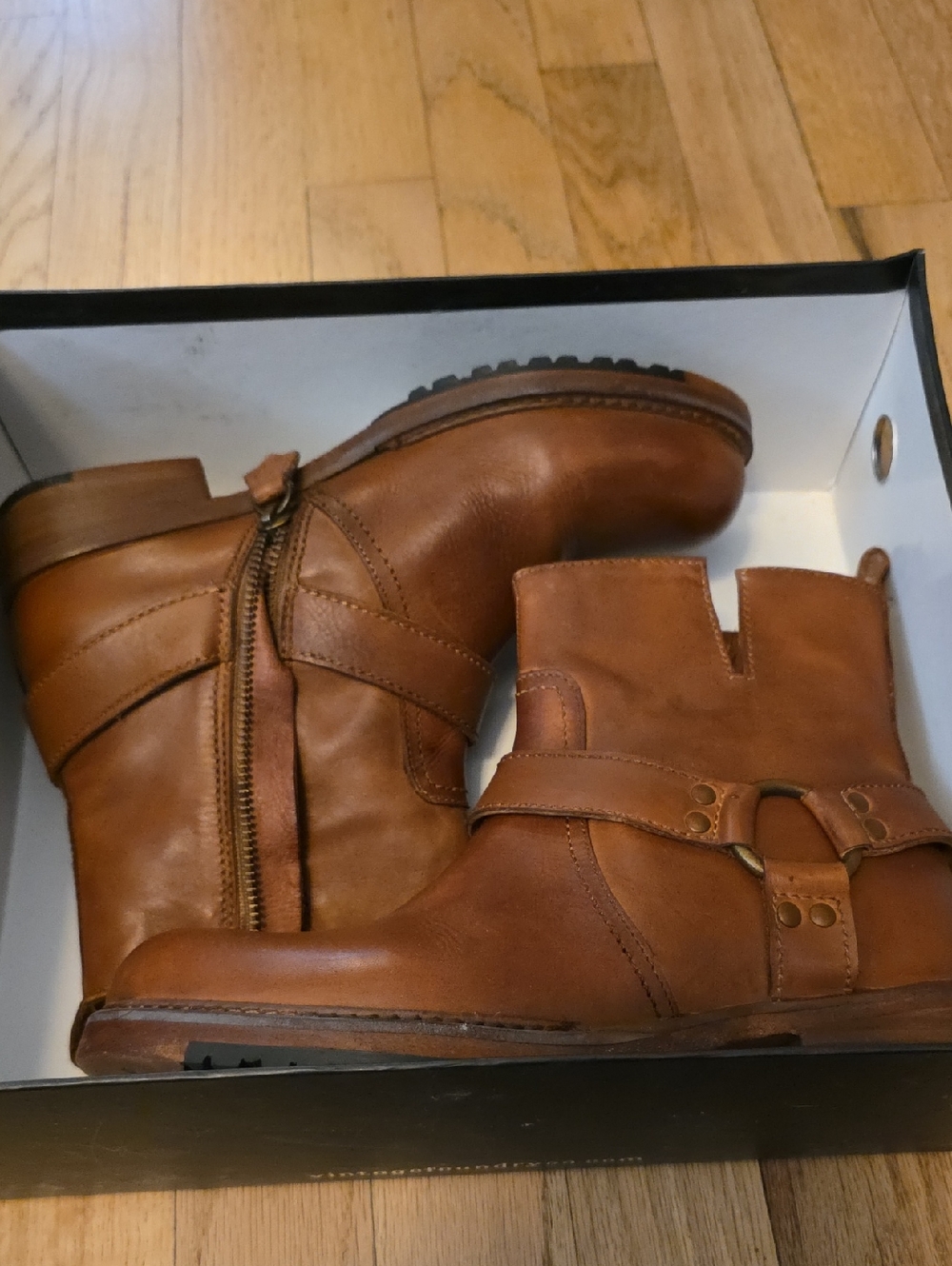Women's Tan Leather Harness Ankle Booties with Side Zip